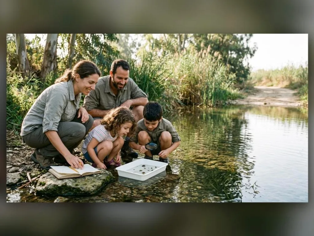 משפחה חוקרת את עולם החי במי נחל פולג