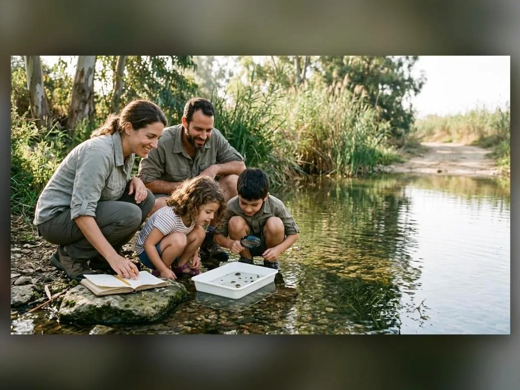 משפחה חוקרת את עולם החי במי נחל פולג
